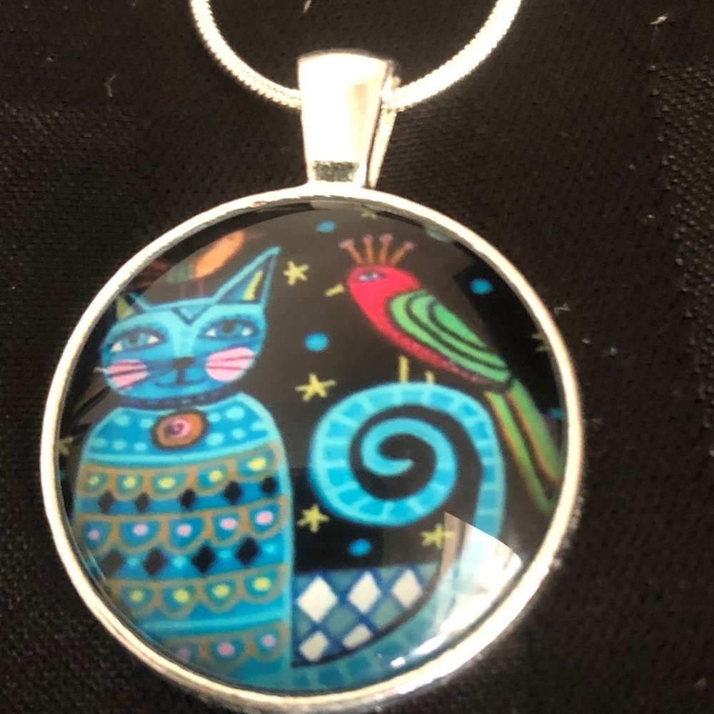 Glass Cabochon Cat and Bird Art 925 necklace